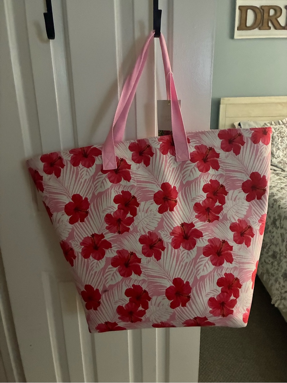 Pink Floral Tote Bag with Red Hibiscus Print